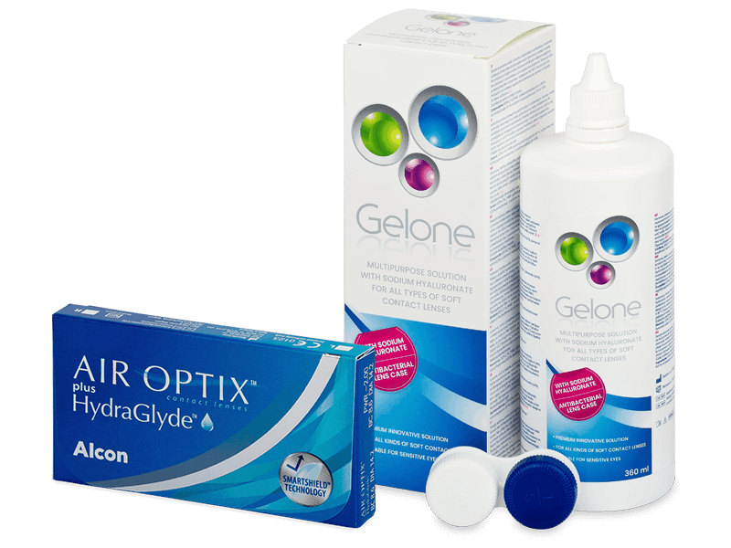 Air Optix plus HydraGlyde (3 čočky) + roztok Gelone 360 ml - Výhodný balíček